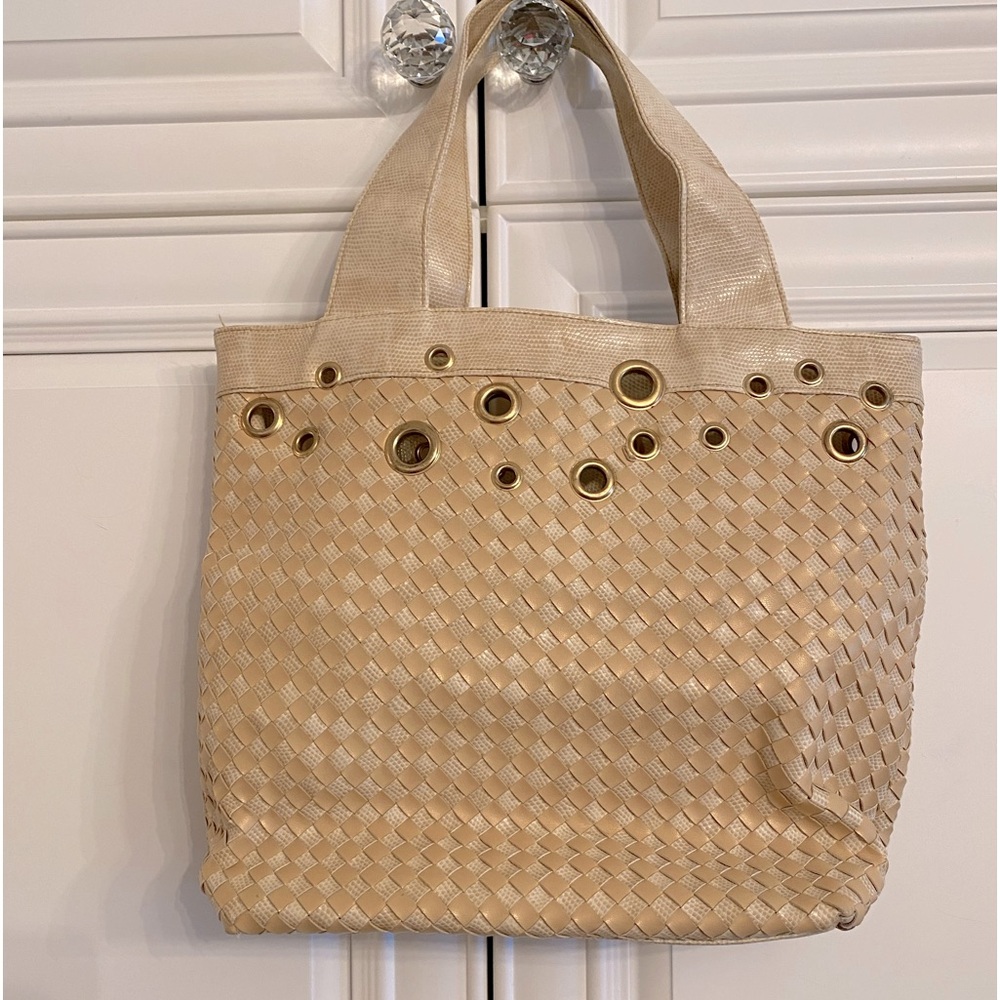 Gently Worn Vegan Leather Basket Weave Shoulder Bag in Cream and Gold